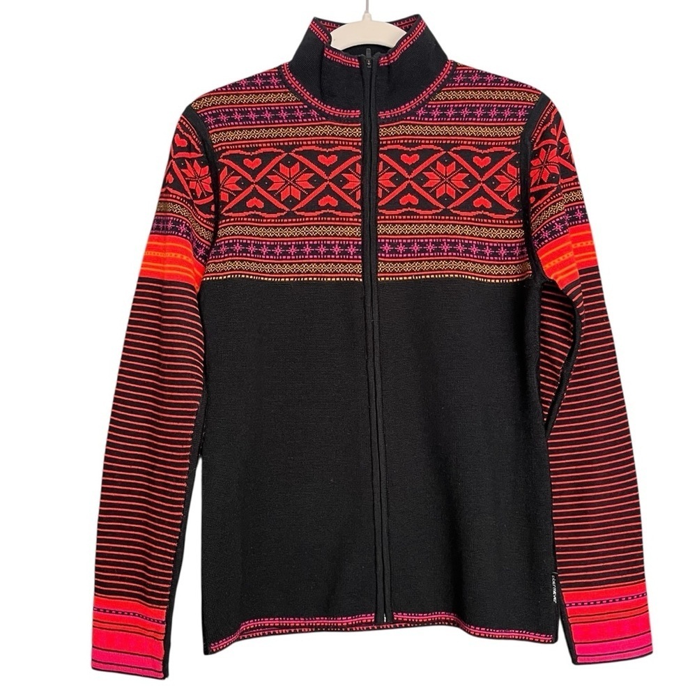 Obermeyer Fair Isle Wool Mix Zip Front Mock Neck Black Orange — Size Medium